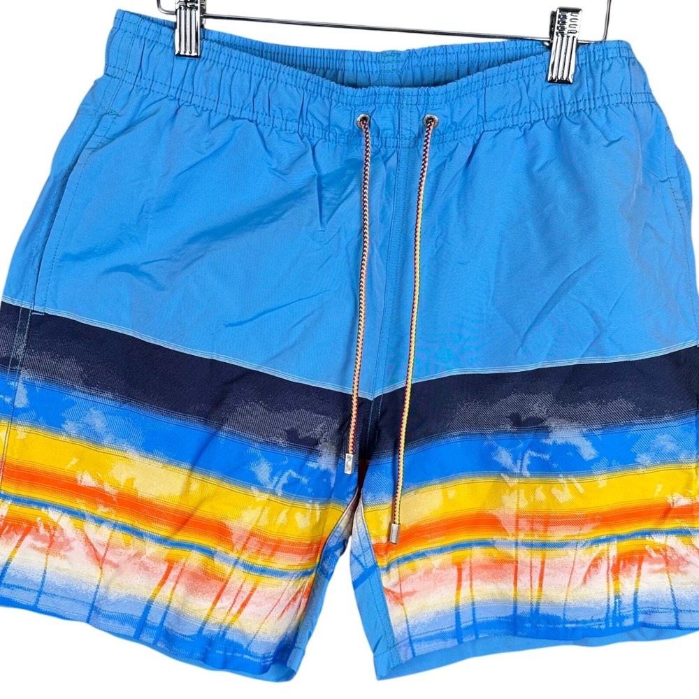 Bugatchi Mens Blue Striped Swim Trunks Elastic Waist Mesh Lined Shorts Size L